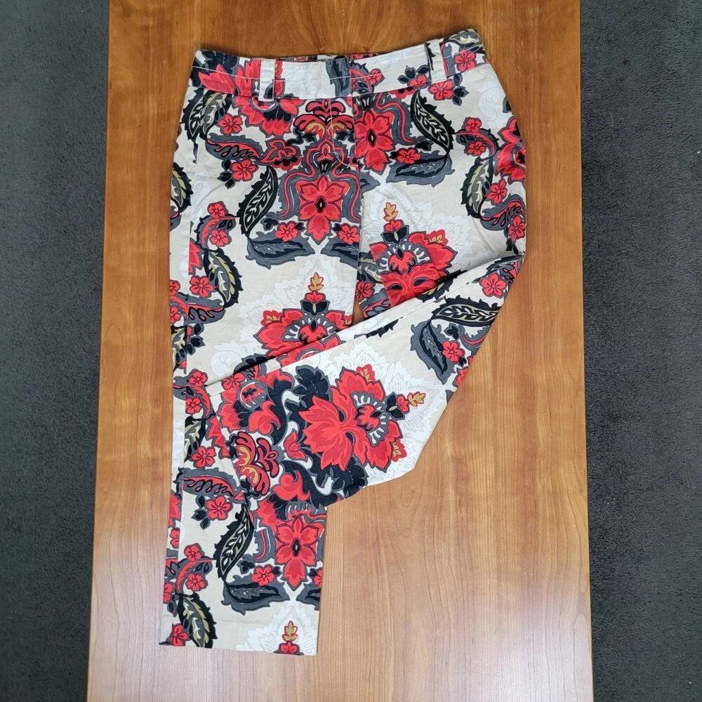 J. Crew Stretch Red Cream Floral Capri Pants City Fit - 4 - Picture 7 of 9